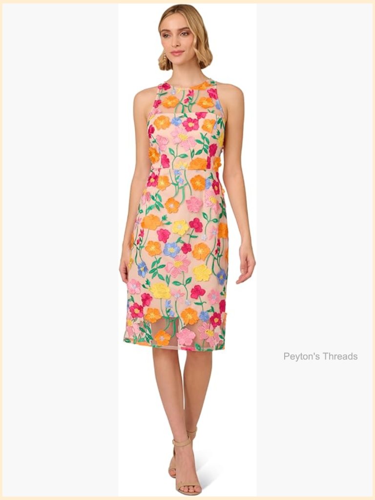 Embroidered Sheath Midi Dress Halter Neck Sleeveless
